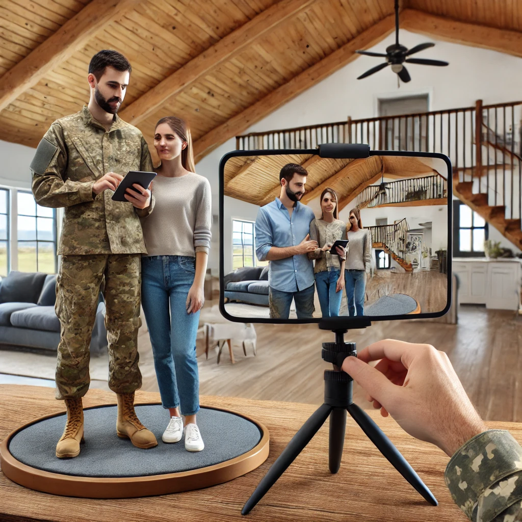 A realtor providing valuable resources to a military family, with a friendly interaction, brochures, and guides related to home buying and relocation.