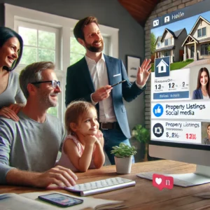 A realtor engaging with a family on social media, with a modern and professional setting, showcasing property listings and engagement Military For Sale by Owner