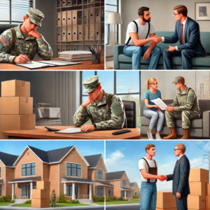 military service member in uniform discussing lease options with a landlord in an office setting